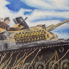 STUG / korabeli fénykép alapján készült./ Olaj farost 46.5x28.5 cm méretben.