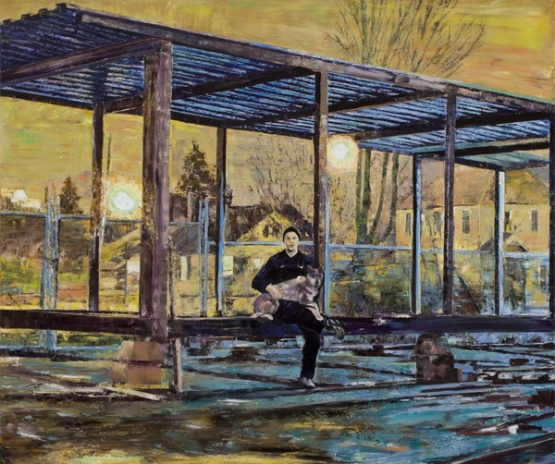Cseke Szilárd - Fiatal ejjelior kutyajaval, 2010, olaj, vászon, 150x180cm.