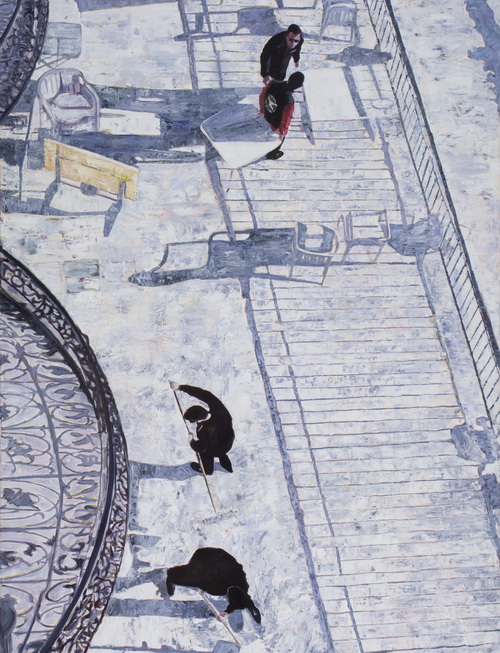 Cseke Szilárd - Szalloda munkasok St. Moritzban, 2010, olaj, vászon, 170x130cm.