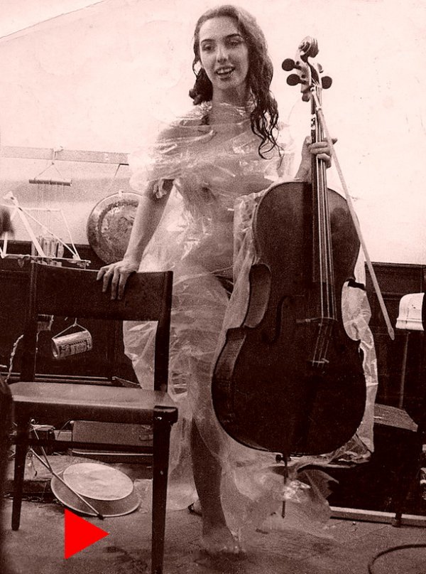 Charlotte Moorman performing Nam June Paik’s “Variations on a Theme by Saint-Saëns” at 24 Hours (Wuppertal, 1965)