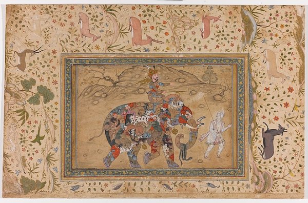 (Dawlat Kahn:) A Composite Elephant with Rider and Groom, Agra, India, 1600 körül (keretek: 1640 körül), vízfesték és arany, papíron. Lelőhely: Aga Khan Museum, forrás: https://agakhanmuseum.org/collections/a-composite-elephant-with-rider-and-groom