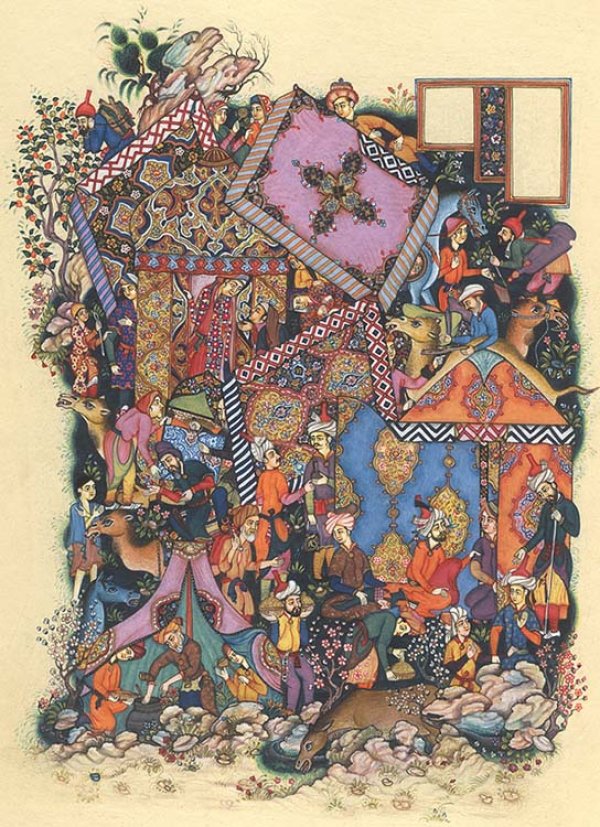 Majnun Eavesdrops on Layla's (Laila's) Camp, Perzsia, 16. század, vízfesték papíron, magántulajdon. Forrás: https://www.exoticindiaart.com/product/paintings/majnun-eavesdrops-on-layla-s-laila-s-camp-PH79/