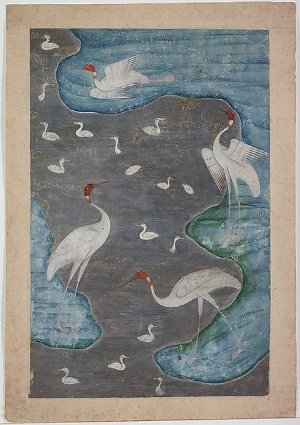 Birds in a Silver River (Madarak az Ezüst Folyóban), Dekkán, késő 17. század., tinta, vízfesték és ezüst, papíron. 31.5 × 22 cm. Lelőhely: Aga Khan Museum, Toronto Canada. Forrás: https://metmuseum.org/art/collection/search/454806
