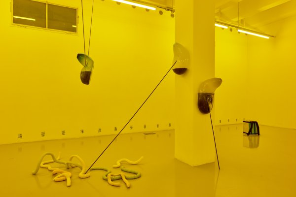 Julia Crabtree & William Evans: Szivárgás, Puffadás, Szorítás, Szemölcs, Csatorna, 2018. üveg, uránüveg, betonacél, papírpép, kolbászbél, jesmonite (akril gyanta), vászon, festék, édesvízi élővilág (fotó: Biró Dávid)