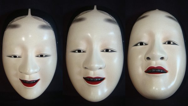 Ómi-onna álarc három különböző pozícióban. Kép: a Japanese Noh Masks honlapjáról