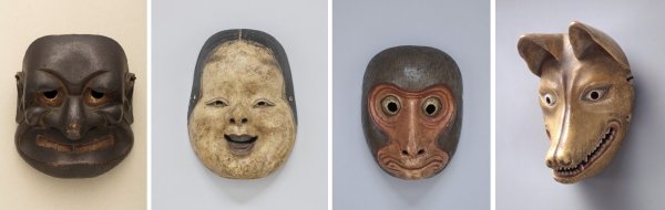 Kjógenálarcok: buaku (démon), oto (fiatal lány), saru (majom) és kicune (róka)